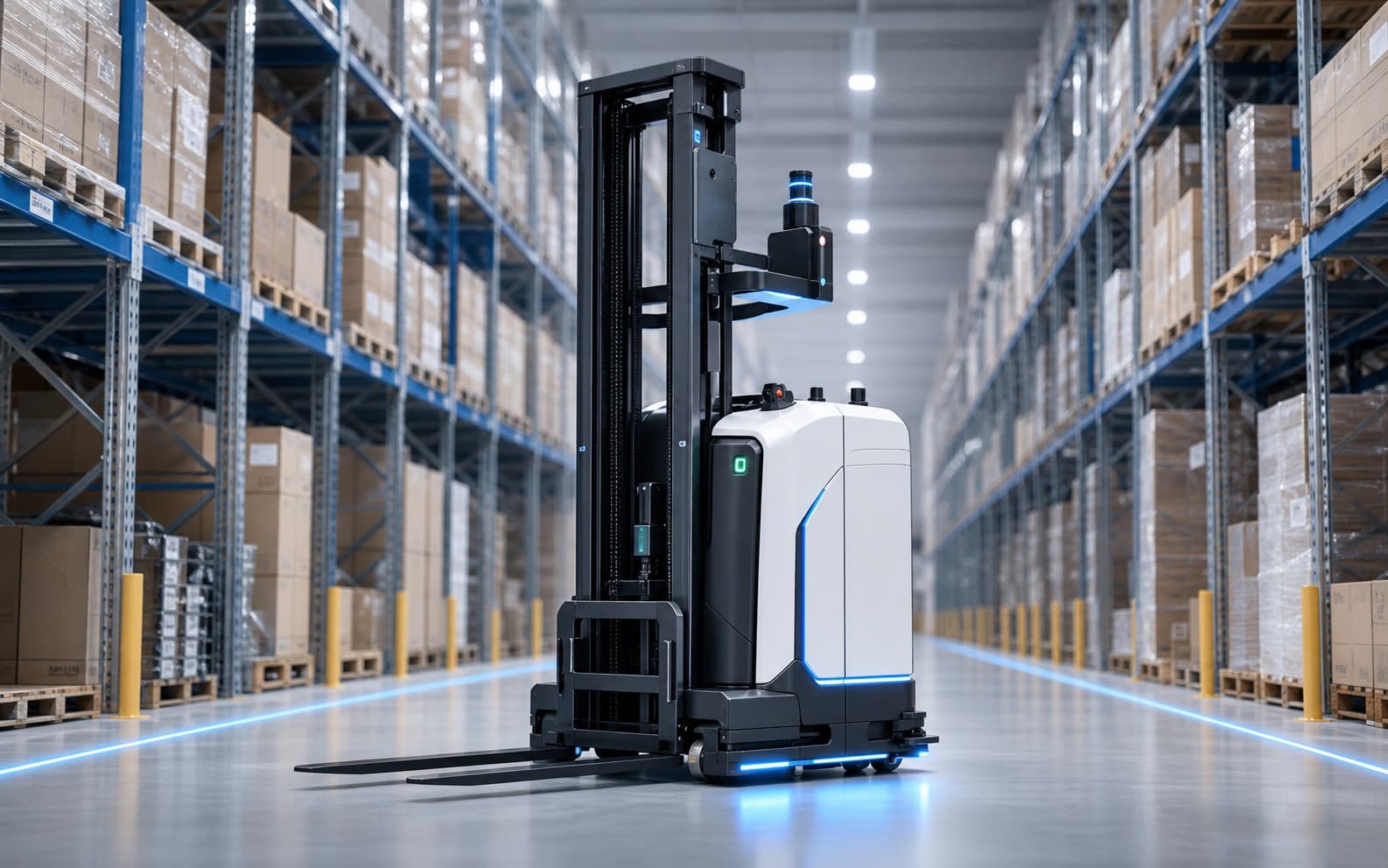 AI-generated automated guided forklift operating in a high-bay warehouse